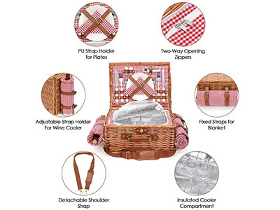 Cesta de Piquenique Tamanho Família para 4 Pessoas Cestas em Grande Quantidade de Rattan Salgueiro XXL