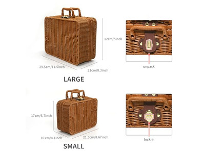 Cesta de Piquenique Roxa de Vime para Uma Pessoa Portátil Manta de Bambu Vazia Moderna